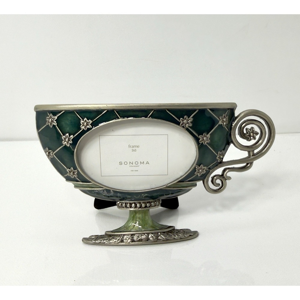 Sonoma Lifestyle Teacup Photo Frame 2x3 Enamel Metal Jeweled Floral Green Silver